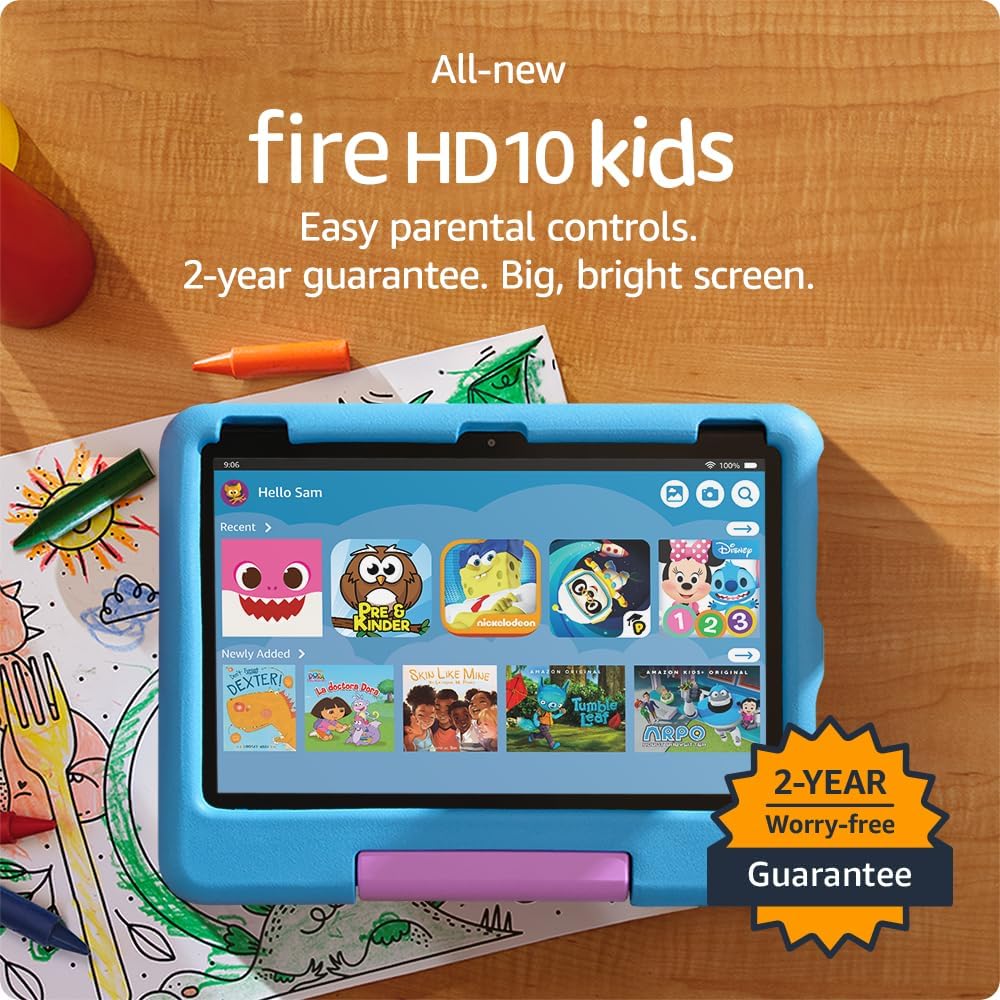 All-new Amazon Fire 10 Kids tablet- 2023, ages 3-7 | Bright 10.1 HD screen with ad-free content and parental controls included, 13-hr battery, 32 GB, Blue